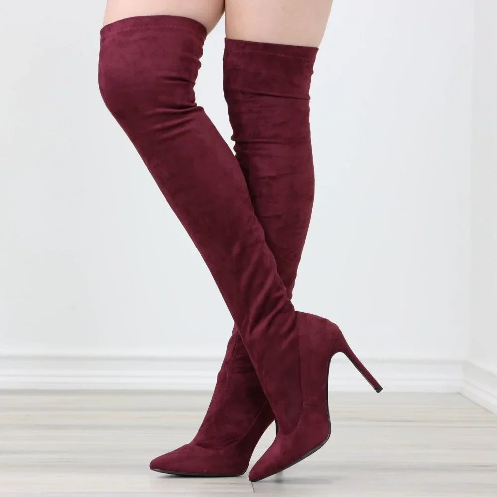 Wine Women's Thigh High Boots Faux Suede Pointed Toe Stilettos - Picture 2 of 15